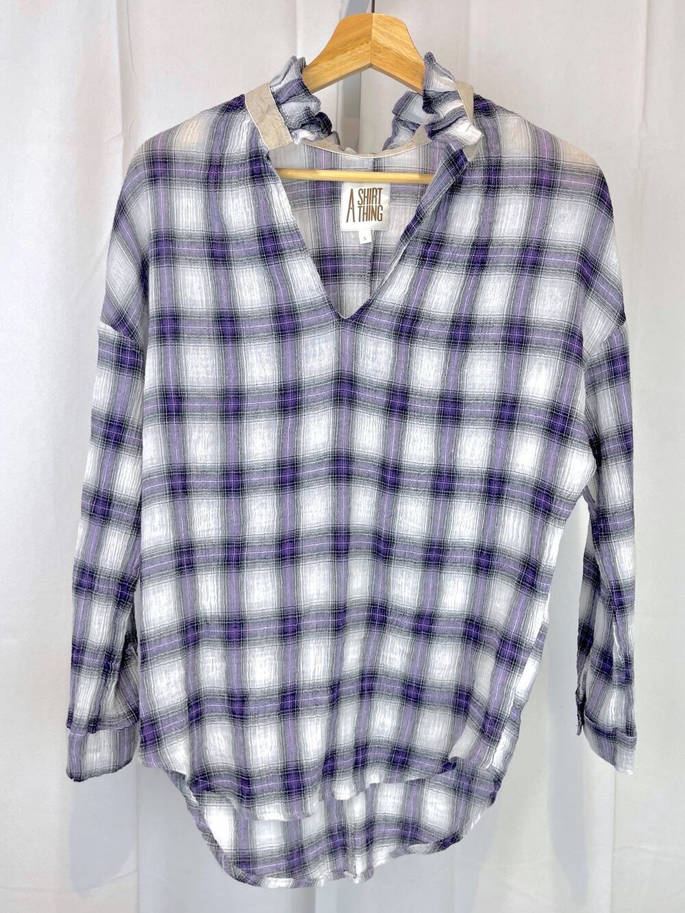 A SHIRT THING Penelope Plaid Gauze Popover Top Ruffle V Neck Purple White Size S